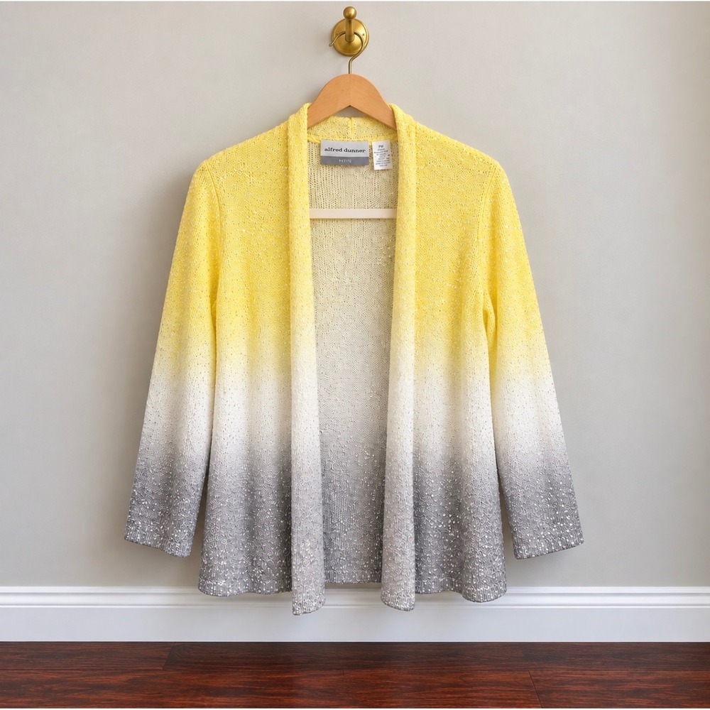 Alfred Dunner Petite Cardigan Yellow Ombre Sequin Open Front Sweater PM